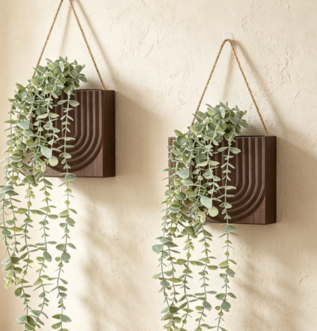 Wooden Vase with Artificial Eucalyptus & Wall Decor